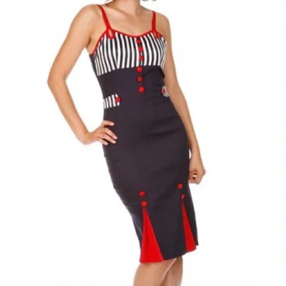 🎀Voodoo Vixen Sailor Dress Rockabilly Blue & Red pinup wiggle nautical retro S - Picture 2 of 8